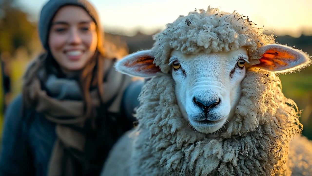 Woman with sheep at sunset. A woman smiles while standing close to a sheep in a green field during sunset. The sun casts a warm light.