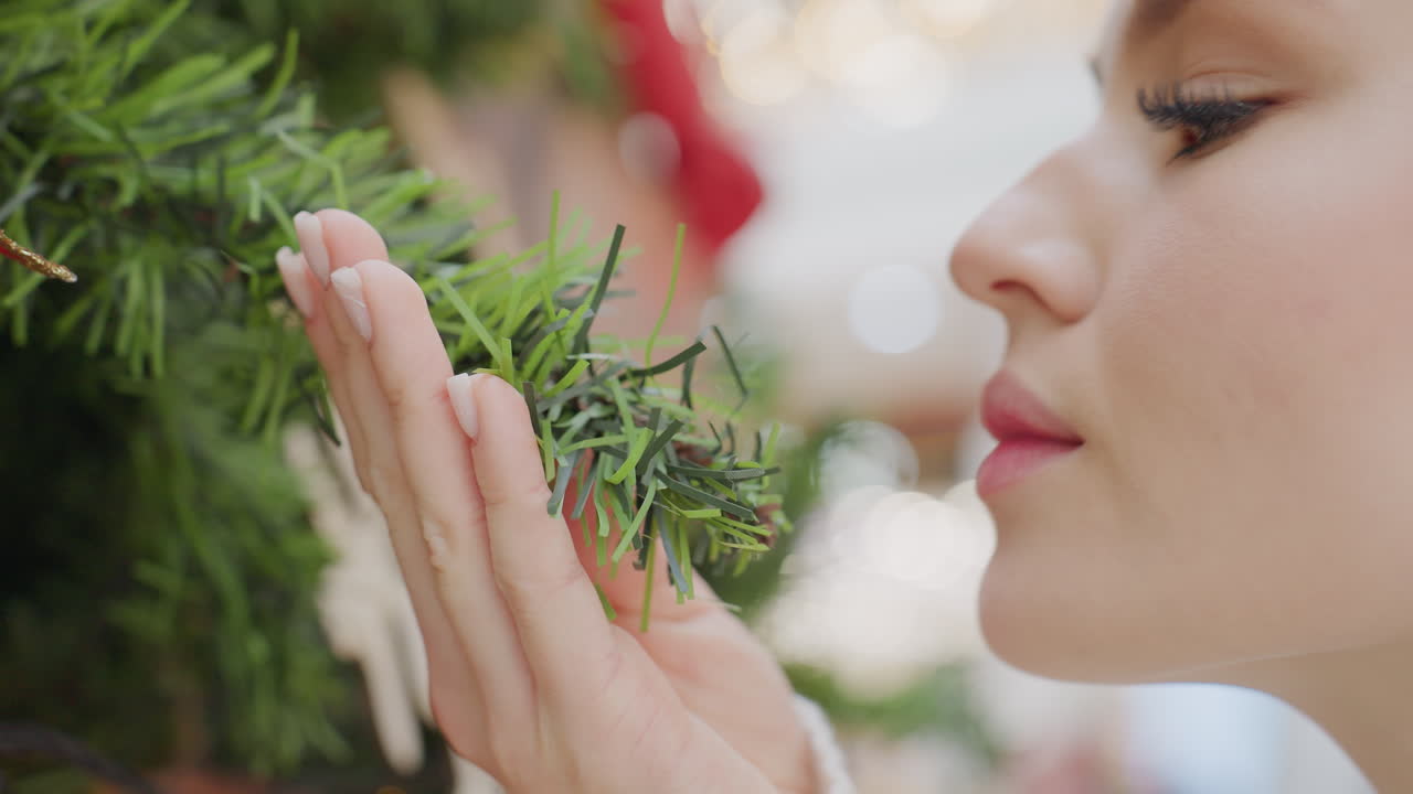 Close-up of white chic woman holding Christmas tree affectionately as she smells it, with bokeh light effect in background, warm holiday atmosphere with festive decorations and joyful vibe