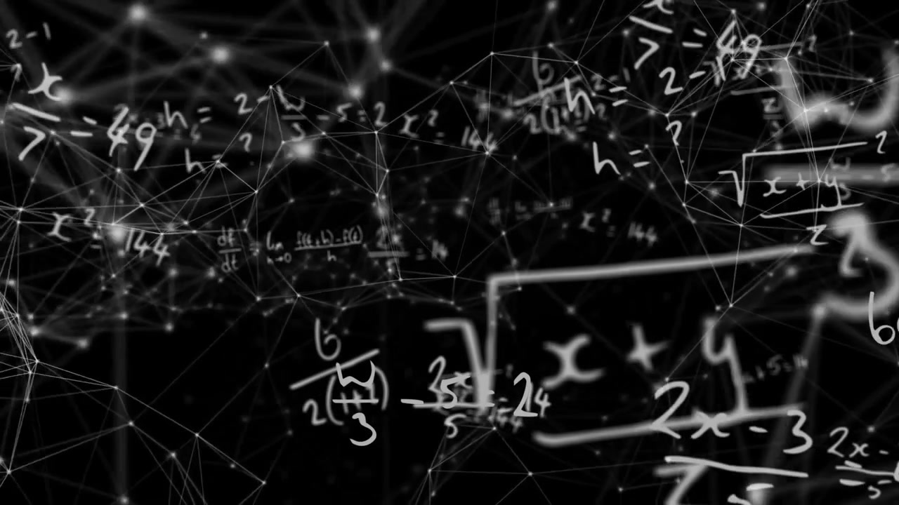 Animation of network of connections and mathematical data processing on black background