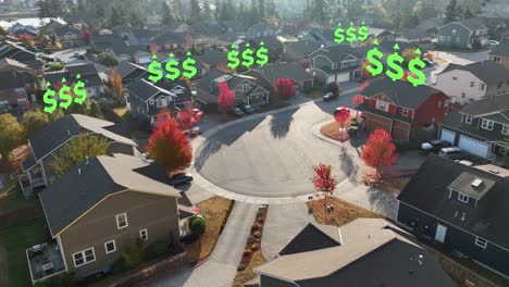 Aerial-view-orbiting-a-suburban-neighborhood-with-increasing-dollar-signs-floating-above-them