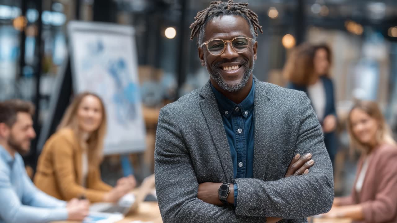 Confident Professional in Modern Office Setting Smiling at Camera, Capturing a Positive Atmosphere of Collaboration and Team Spirit in a Business Environment
