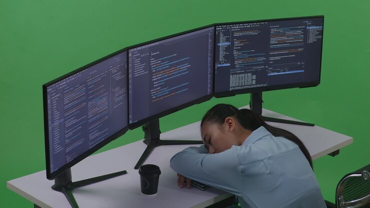 Side View Of Tired Asian Woman Developer Sleeping While Write Code With Multiple Computer Screens In Green Screen Studio