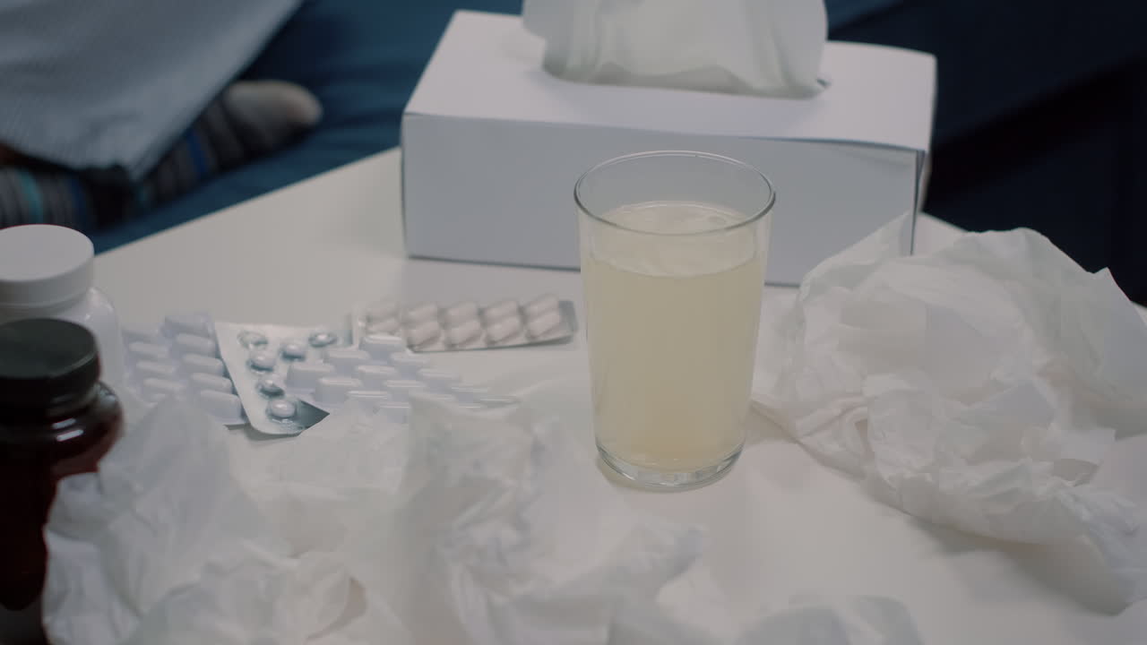 Close up of effervescent vitamin drink in glass of water