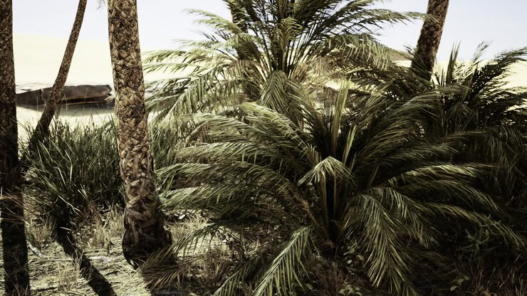 Vibrant green palms near tranquil water at sunset on a quiet coastline