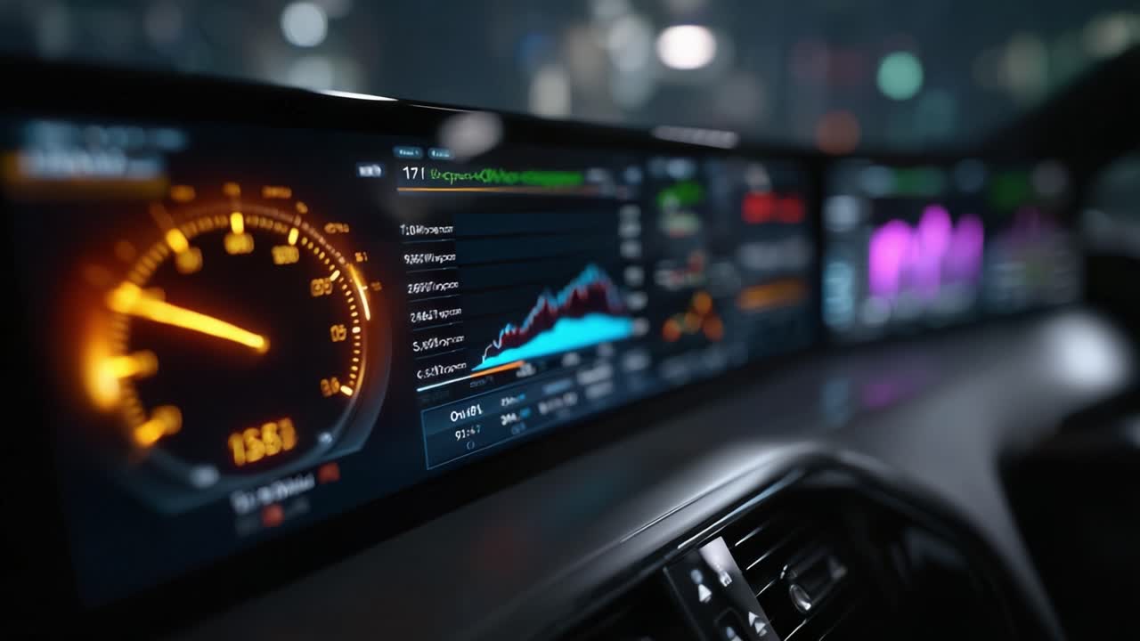 Digital car dashboard shows speedometer, stock charts, and data graphs. Night setting with blurred city lights. Modern vehicle interior with glowing screens