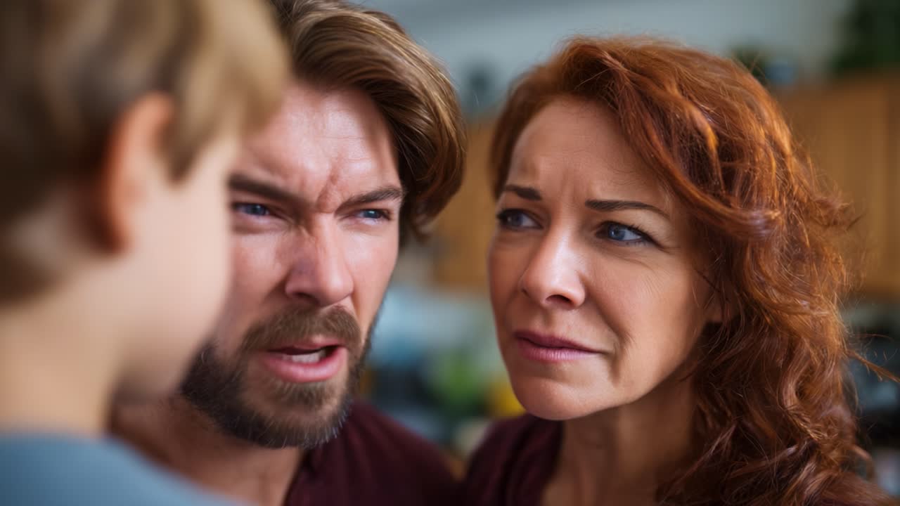 Intense Family Conflict: A Man and Woman Display Anger and Concern as They Face Each Other, Highlighting Emotional Tension in a Domestic Setting