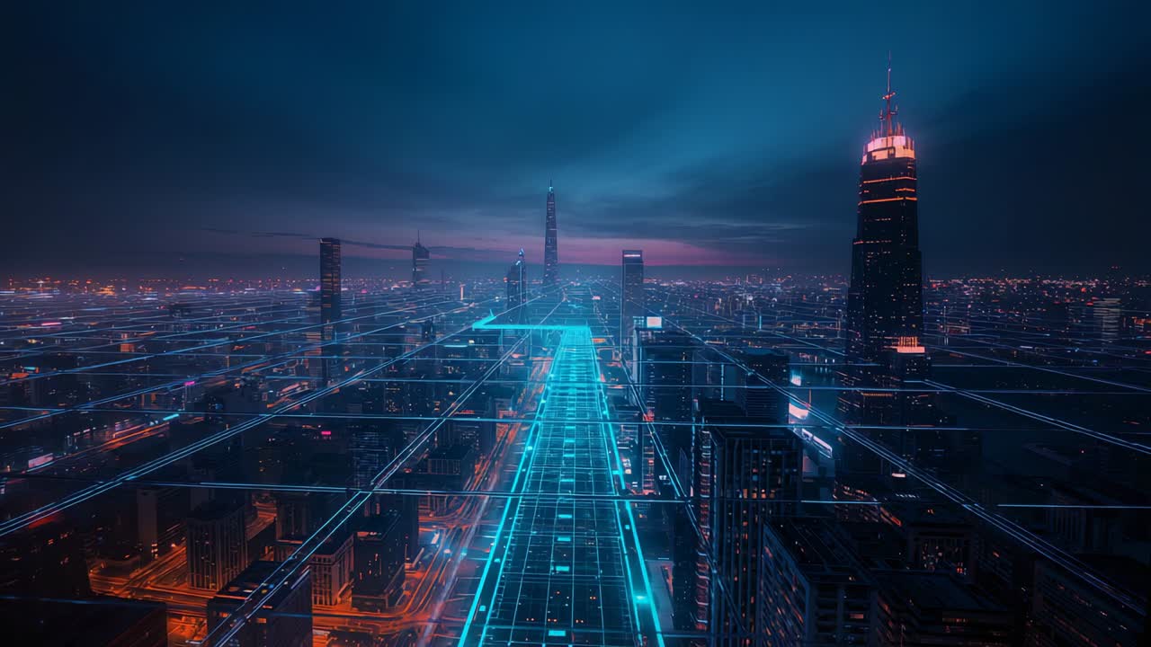 Glowing digital grid central pathway drawing camera through nighttime cityscape, revealing tower