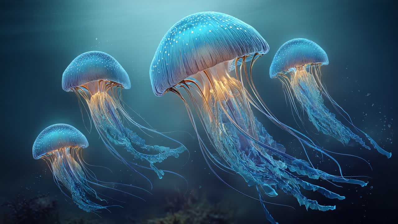 A Mystical Underwater Journey: Explore the Graceful Movement of Vibrant Jellyfish Gliding Through the Deep Blue Sea with Their Ethereal Glow