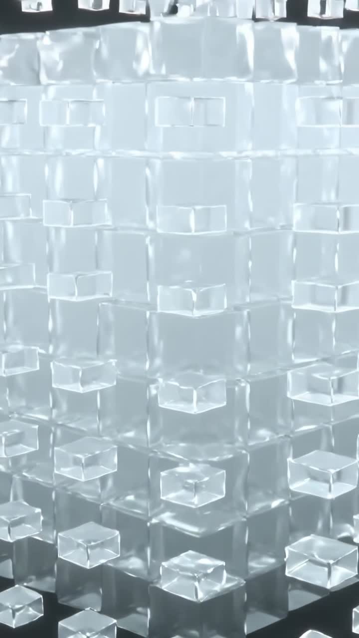 Vídeo vertical: Cubos flutuantes caindo, encaixando-se em um cubo grande no estúdio, brilhando por dentro