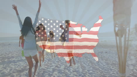 Enjoying-beach,-people-with-American-flag-animation-overlay