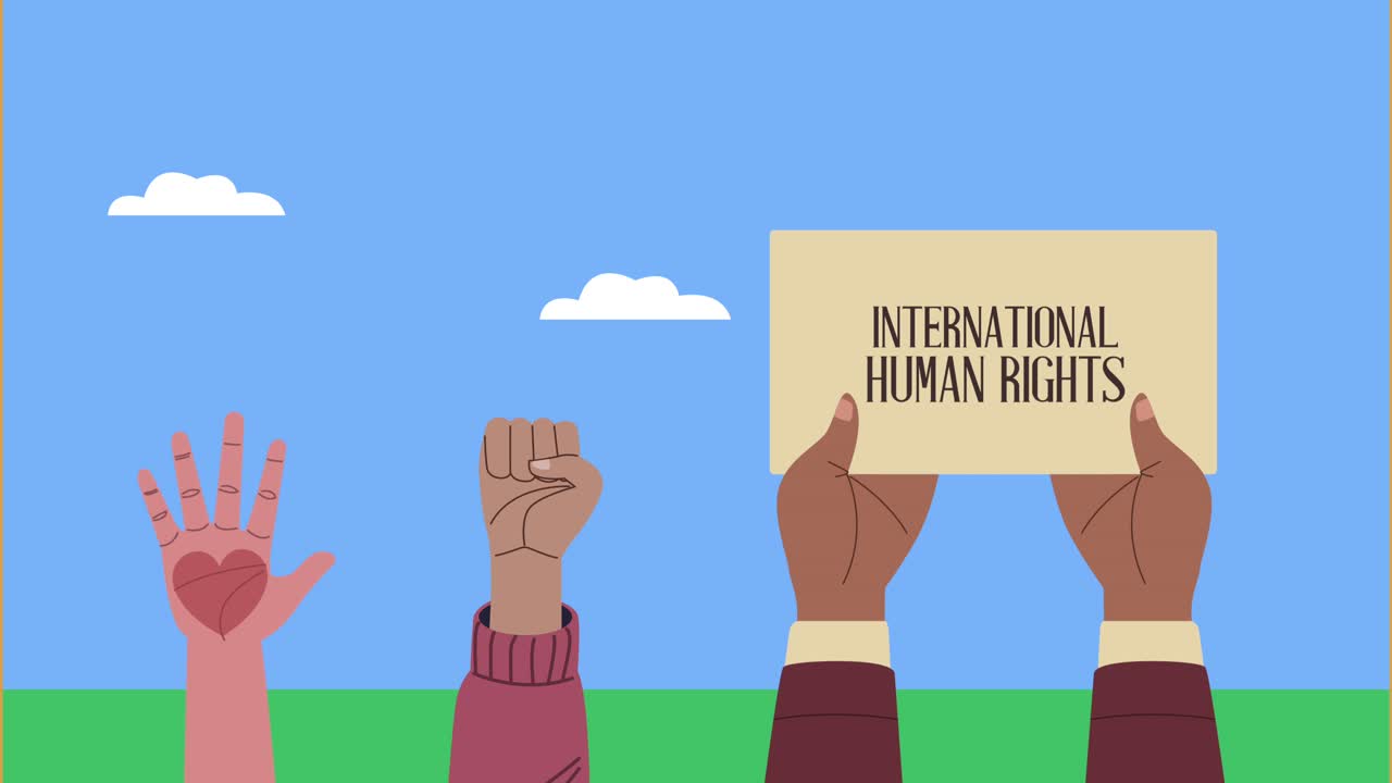 human rights lettering in banner and heart hands lifting