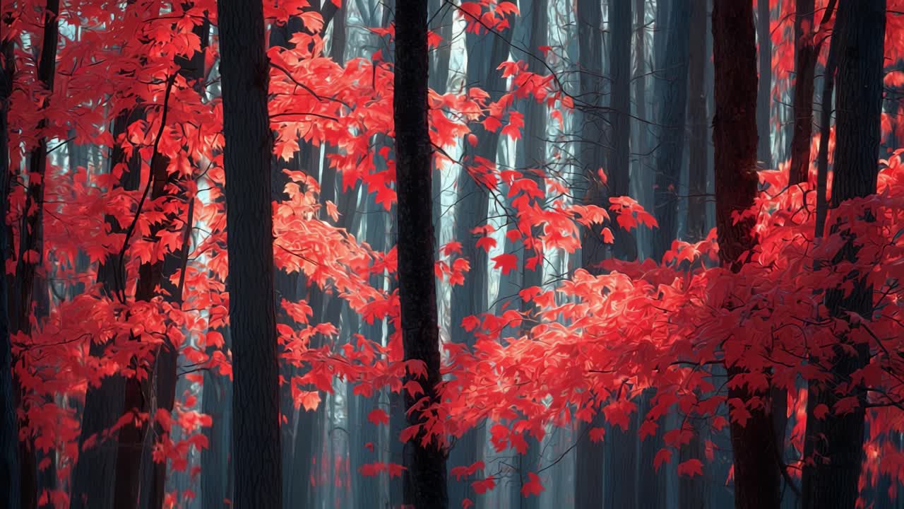 A Captivating Autumn Scene Featuring Vibrant Red Leaves in a Misty Forest, Showcasing Nature's Beauty and Serenity Amidst Tall Trees