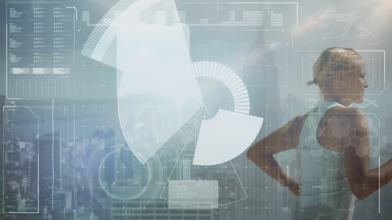 카우카시안 여성 달리기 및 도시 풍경에 대한 데이터 처리의 애니메이션