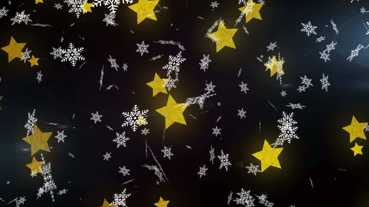 검은 바탕에 크리스마스 별 위에 내리는 눈의 애니메이션