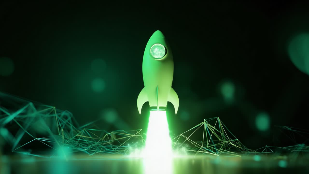 Green rocket launching with bright engine fire and smoke on a dark, futuristic background with abstract plexus network, symbolizing business startup, innovation, and technological advancement