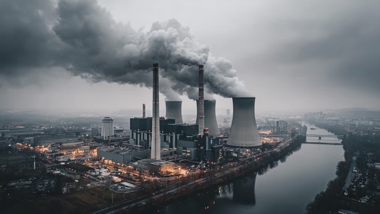 Vedute aeree di un grande complesso industriale con centrali elettriche che emettono fumo e nuvole in alto, che catturano il paesaggio distopico della produzione di energia