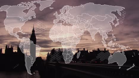 animation of world map and data processing over london cityscape