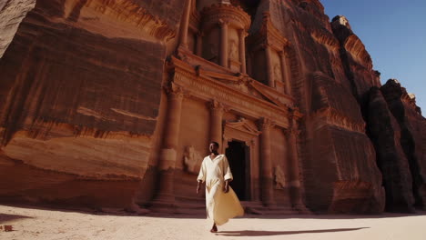 man walking in front of petra's treasury