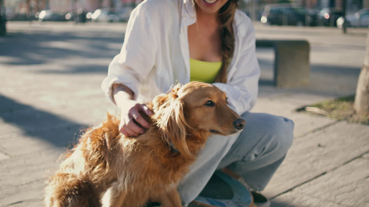 웃는 소녀가 개를 만지고 여름 거리. 여성이 애완동물을 만지고 롱보드에 앉아 있습니다.