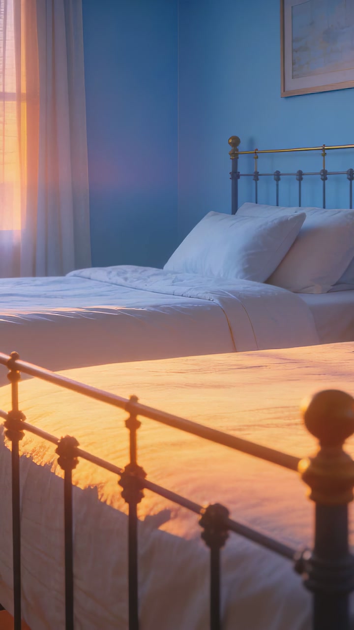 Vertical video: Shifting warm sunlight moving across made bed in blue room, accenting metal finial