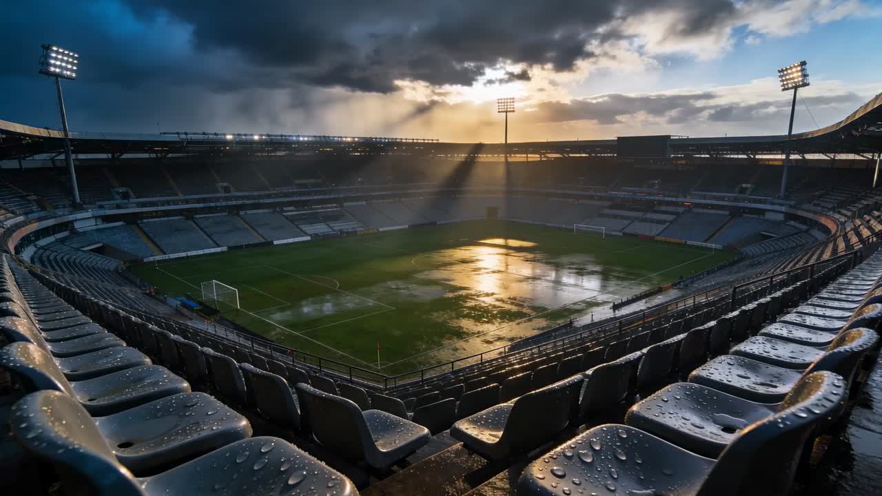 Luce solare che filtra tra le nuvole, stadio di calcio vuoto che emana vapore dal campo bagnato, sedili scintillanti.