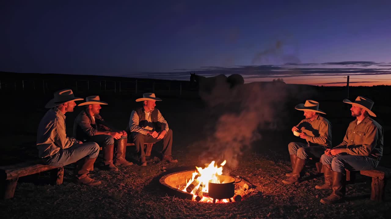Cowboys Gather Around Campfire at Sunset