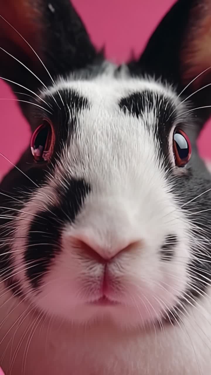 Ritratto ravvicinato di un coniglio giocoso bianco e nero su uno sfondo rosa vibrante, che mostra le sue caratteristiche espressive e gli adorabili baffi