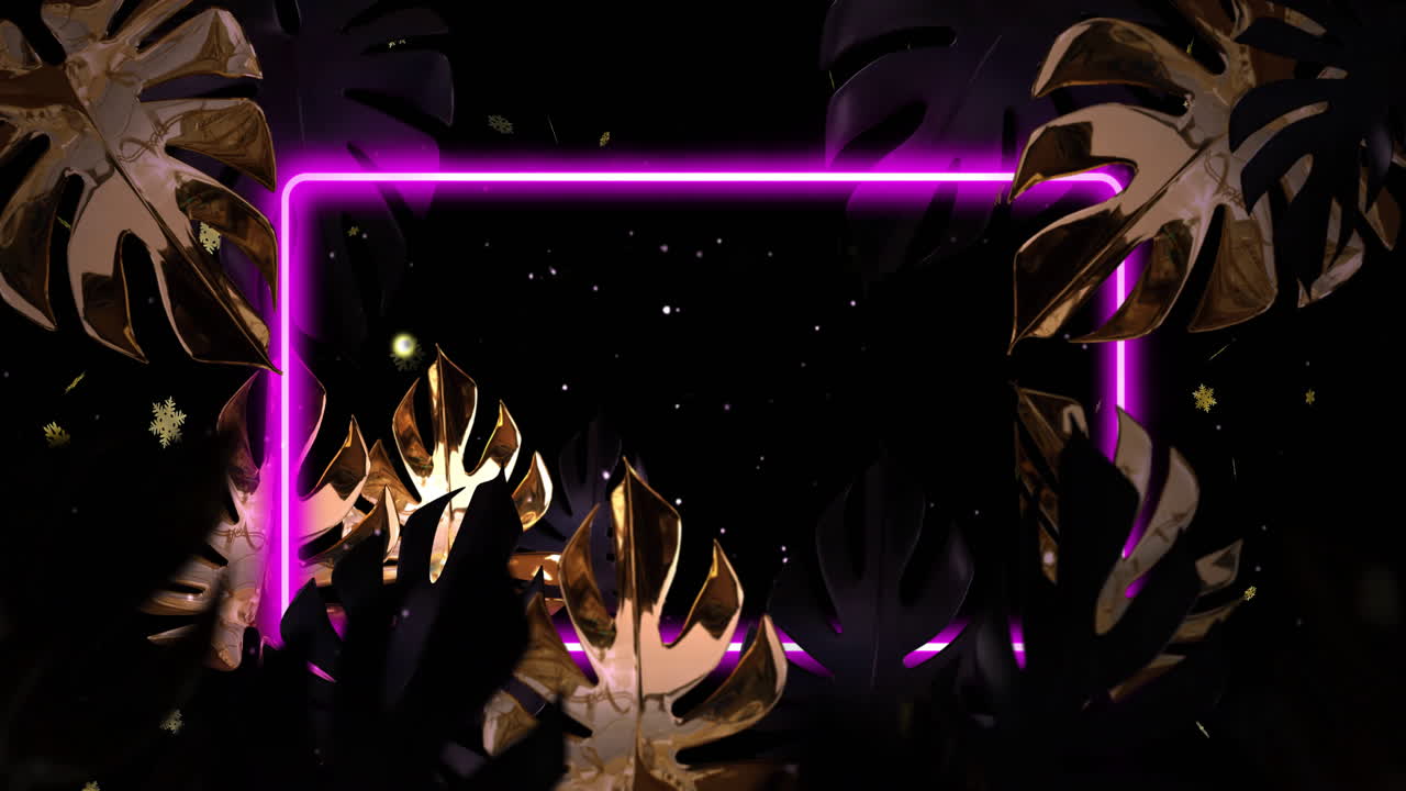 네온 분홍색 선과 황금색 잎 애니메이션 어두운 배경에 별