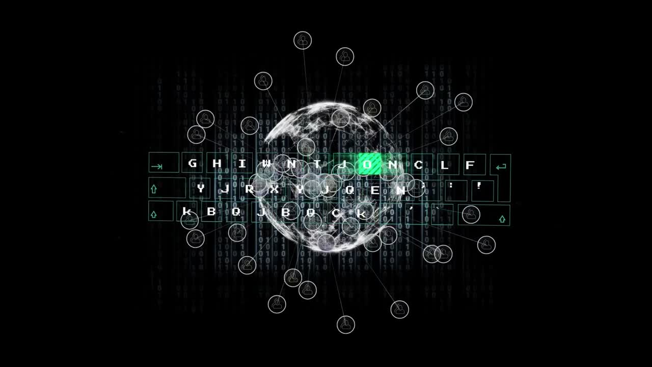 animación de procesamiento de datos y globo con red de conexiones sobre fondo negro