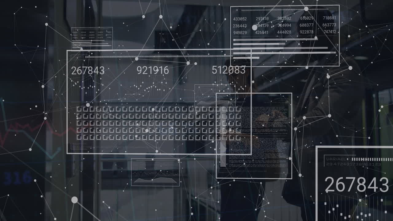 animación de números cambiantes, barras de carga, puntos conectados, diversos compañeros de trabajo esperando el ascensor