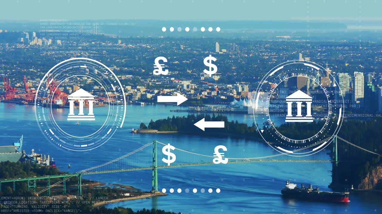 Financial HUD overlay cycling currency icons as cargo ship passing under bridge causing updates