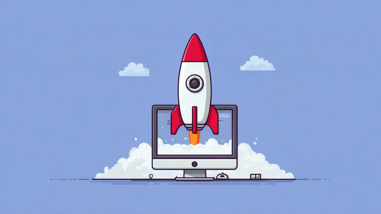 A Futuristic Concept of Launching Innovation: A Rocket Taking Off from a Computer Screen Among Clouds, Symbolizing Digital Transformation and Growth in Technology