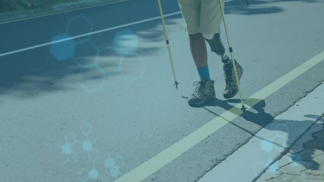 Walking with prosthetic legs, person on street over medical technology animation