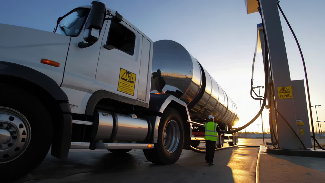 Truck refueling at a gas station during sunrise/sunset