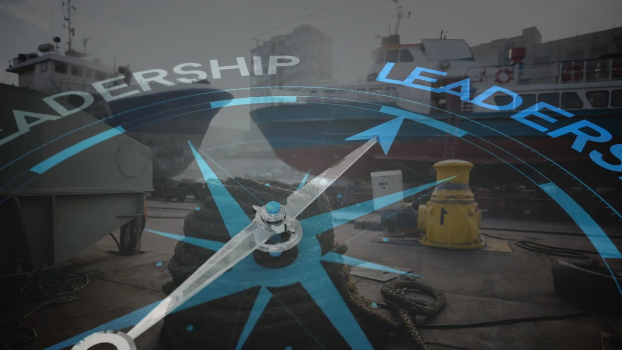 조선소 위의 리더십 텍스트와 함께 나침반의 애니메이션