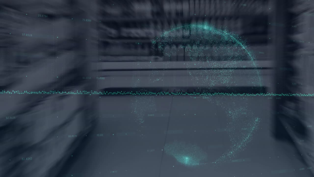Animation of globe and data processing over empty premises interiors