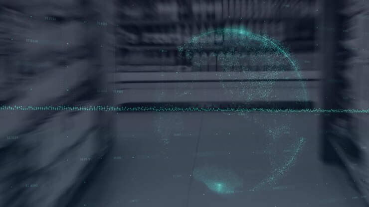 Animation of globe and data processing over empty premises interiors