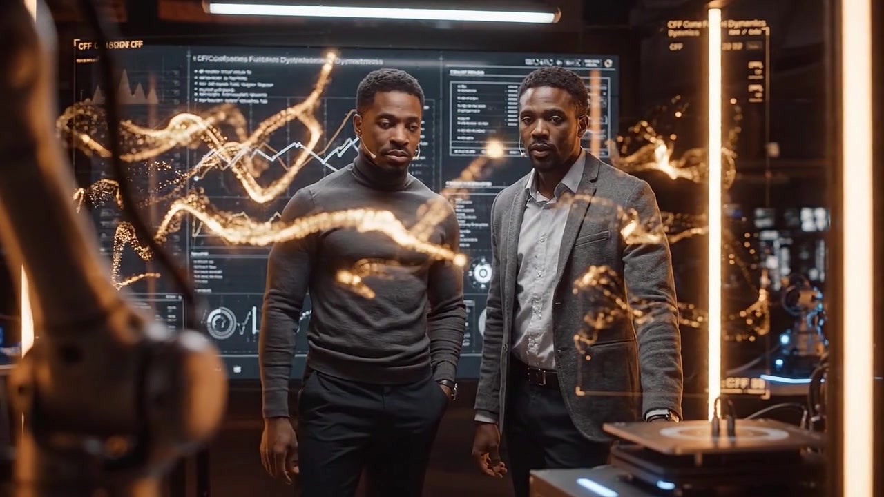 Dva muži analyzující holografická data ve futuristické špičkové laboratoři.