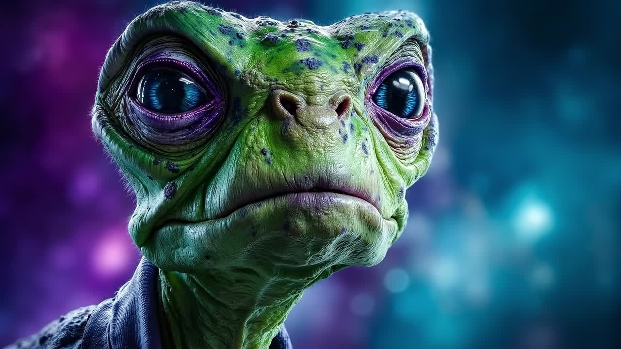 A close up of a green alien with purple eyes