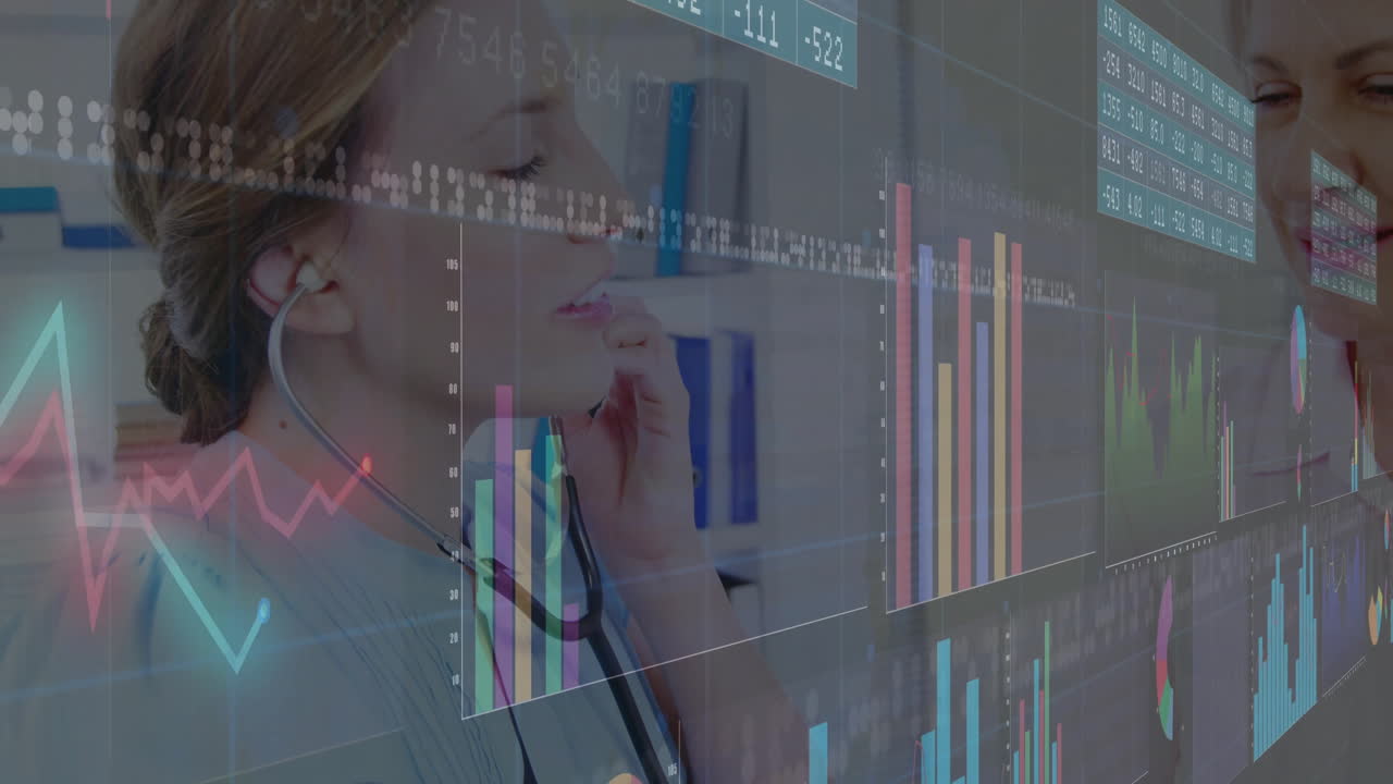 Medical professional wearing stethoscope in clinic, projecting animated bar charts and data panels