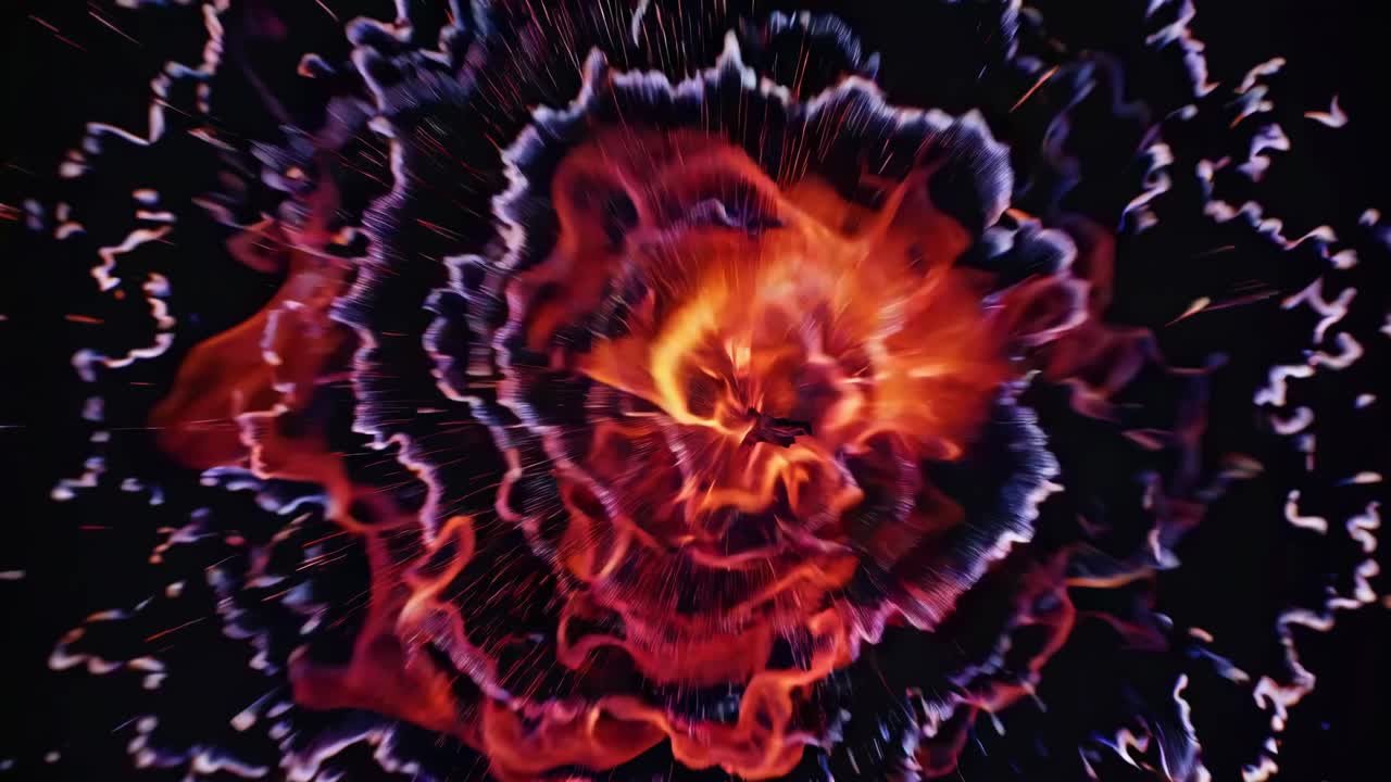 Dynamic explosion captured in a video with a top-down angle, showcasing vibrant, fiery colors