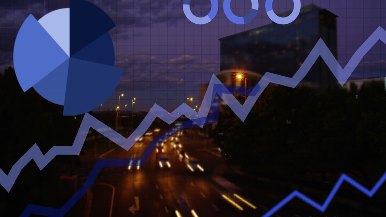 밤에 도시 풍경 위에서 데이터 처리의 애니메이션