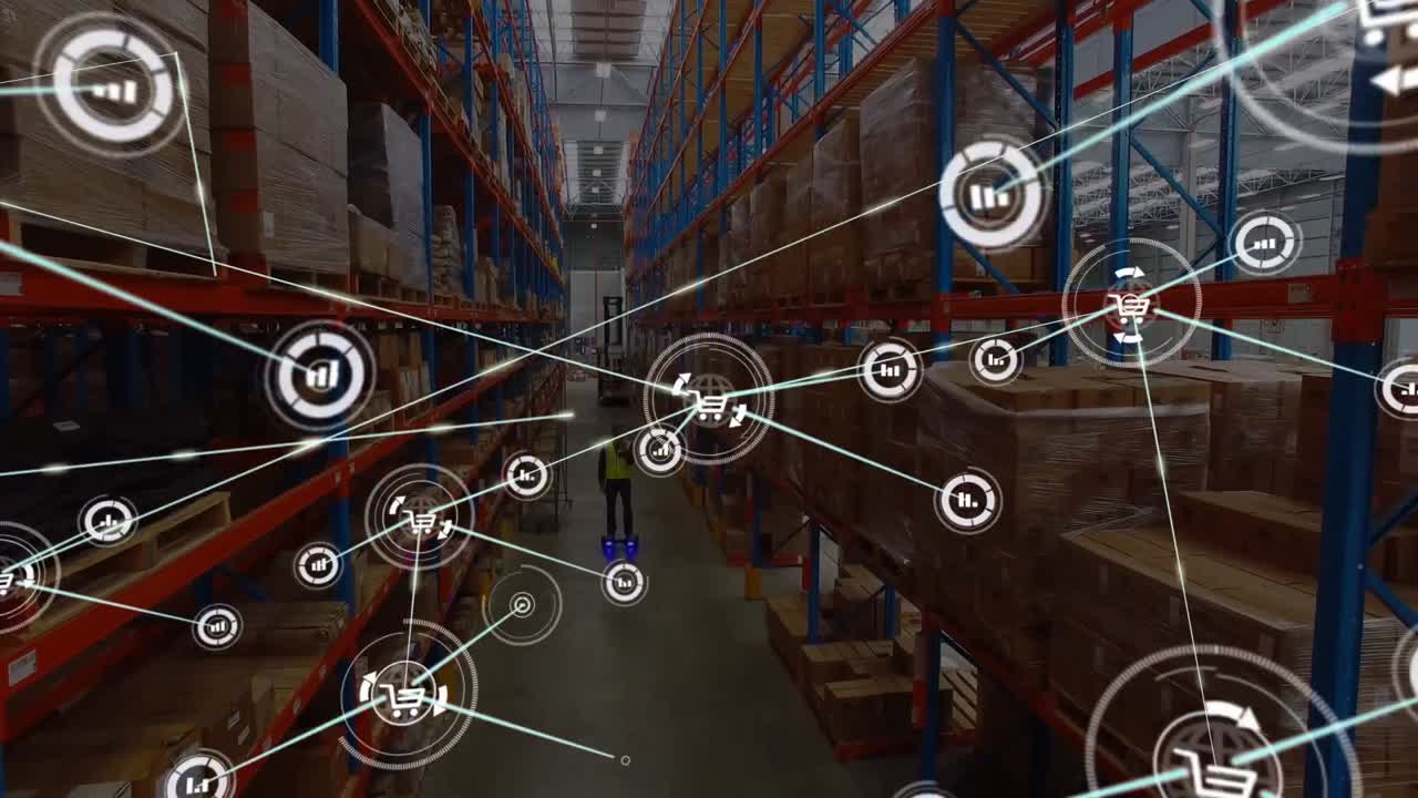 animación de la red de conexiones sobre el trabajador caucásico en el almacén