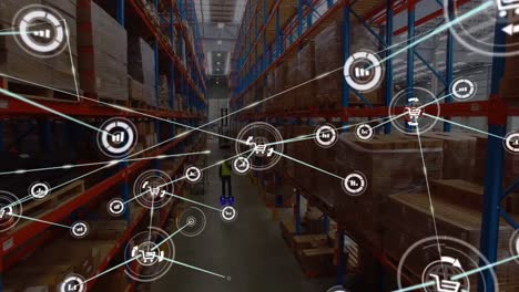 animation of network of connections over caucasian worker in warehouse