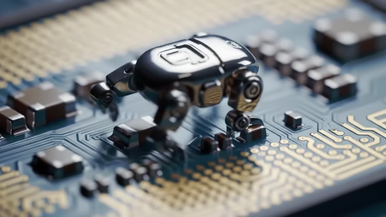 Intricate Close-Up of a Micro-Robotic Device Navigating the Complex Landscape of a Circuit Board, Showcasing Advanced Robotics and Technology in Action