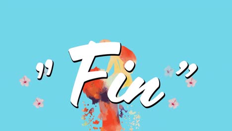 fin text against red paint splash and multiple flowers floating on blue background