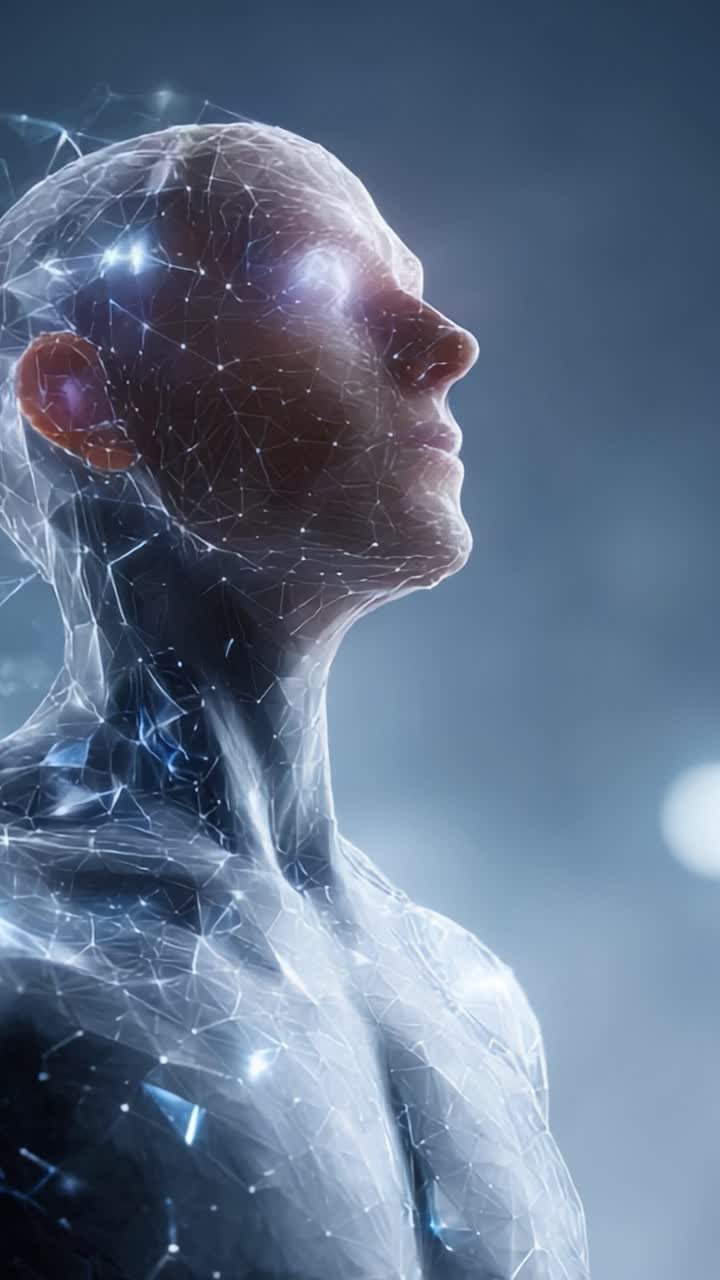 Una impresionante visión del futuro: un ser cibernético despierta en un reino tecnológico de luz y energía, irradiando infinitas posibilidades y potencial.