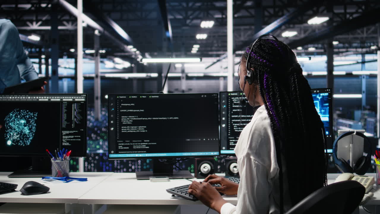 Admin In Data Center Wearing Headset Assisting Users With Ai