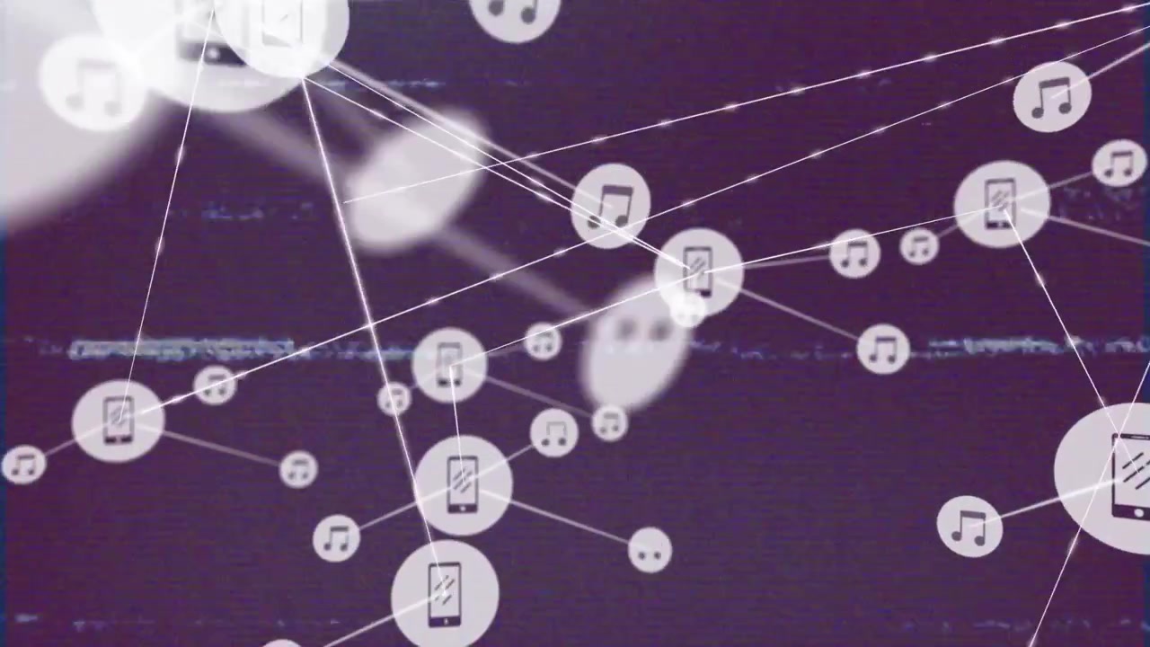 Animation of glitch effect over network of digital icons against blue background