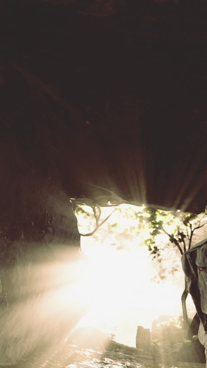 Daylight streams through a cave opening in a natural setting